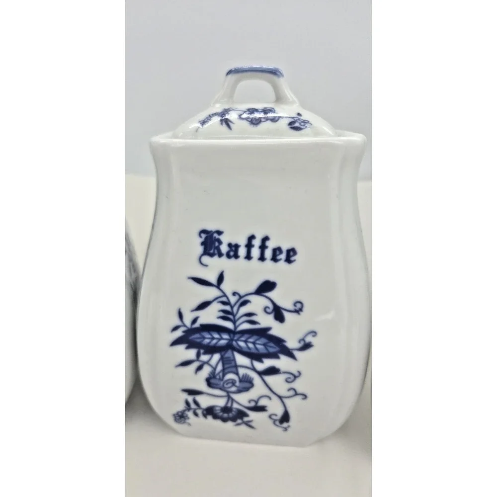 German Vtg Blue Onion Canister Set Of 4 Ceramic Allerlei Mehl Salz Zucker